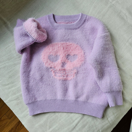 Purple & pink fuzzy skull sweater