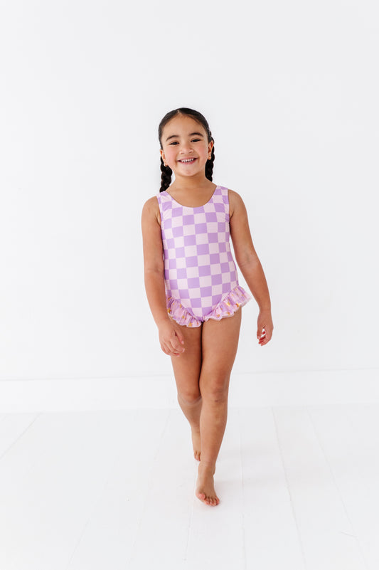 Purple checkered one piece swimsuit