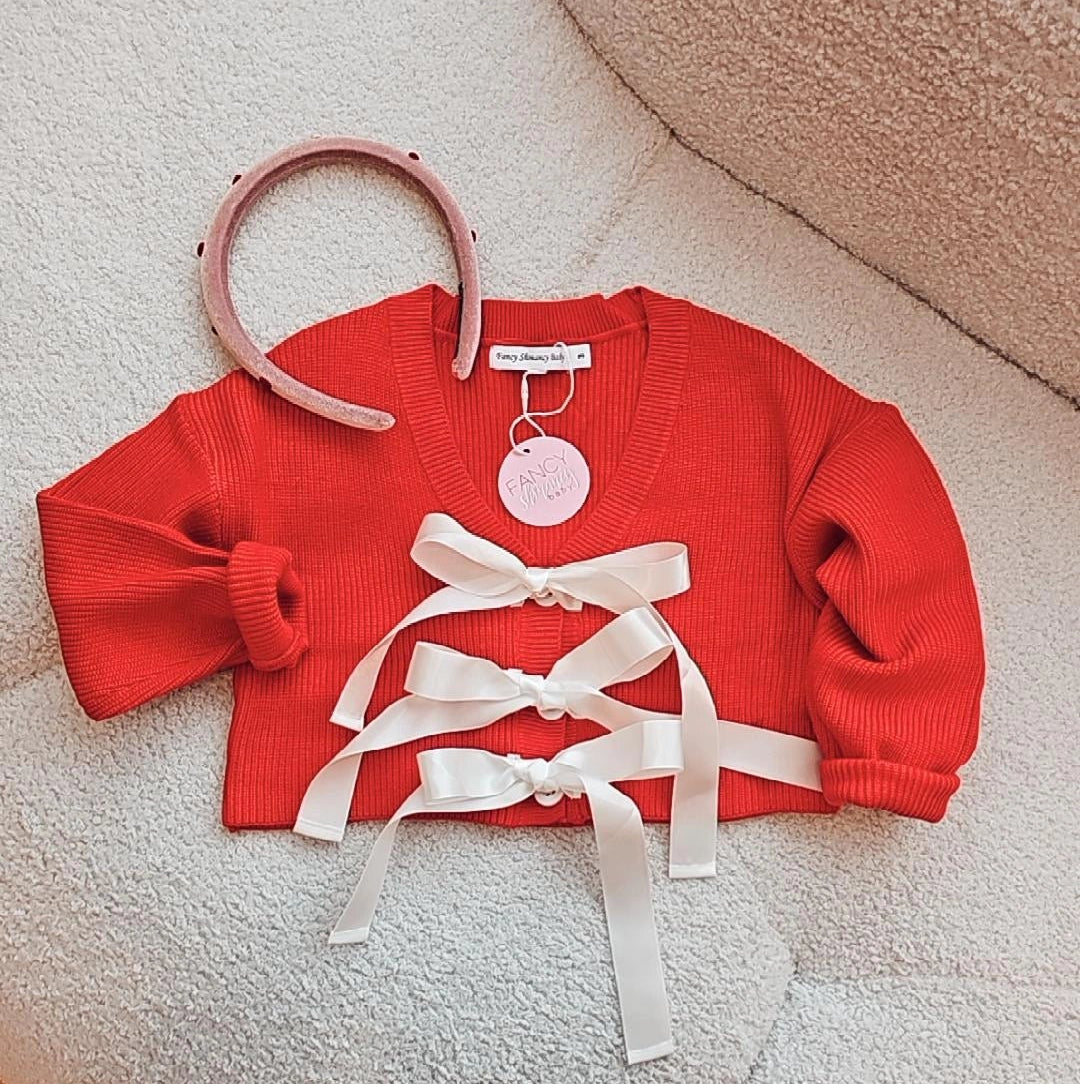 Red & white bow cardigan