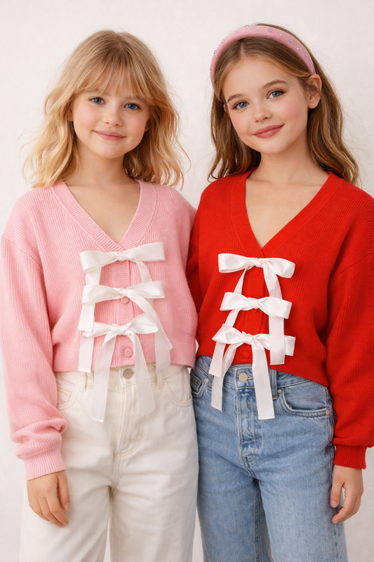 Red & white bow cardigan