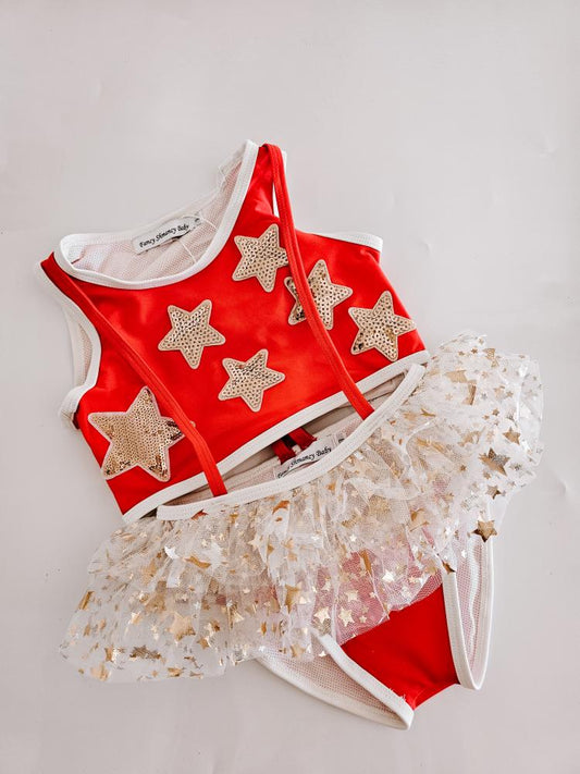 RESTOCK!!! Red and Gold stars - Suspender swimsuit