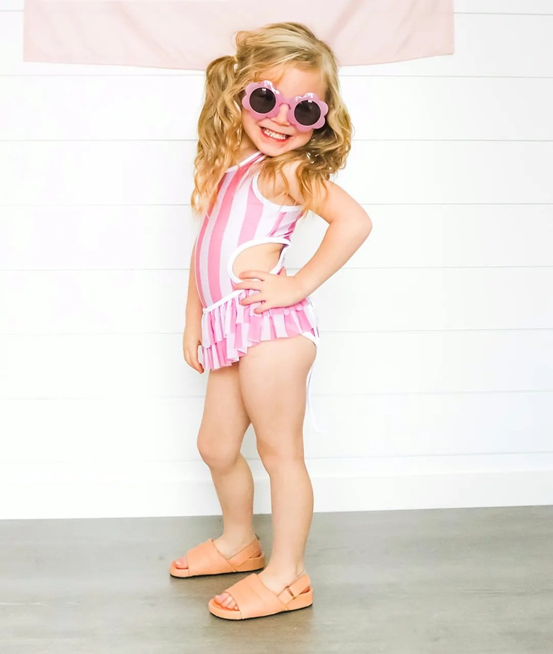 Pink stripe cut out swim w/skirt