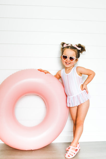 One piece pastel stripe swimsuit with removable skirt