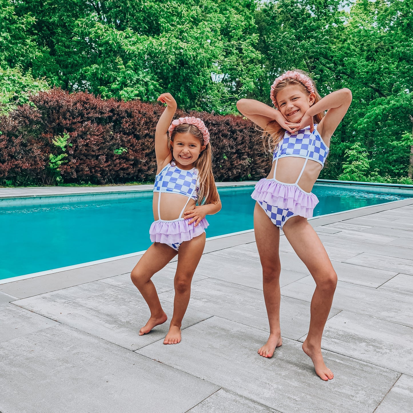 Purple checkered suspender swimsuit