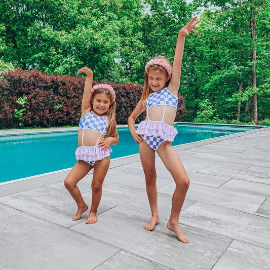 Purple checkered suspender swimsuit