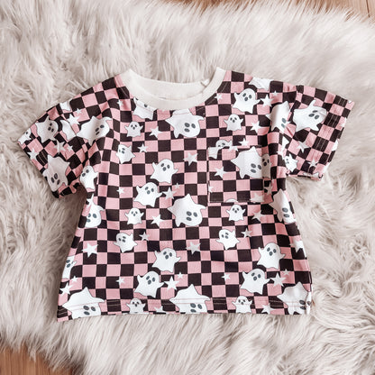 Bamboo Boxy Tee - Pink Check Ghosts