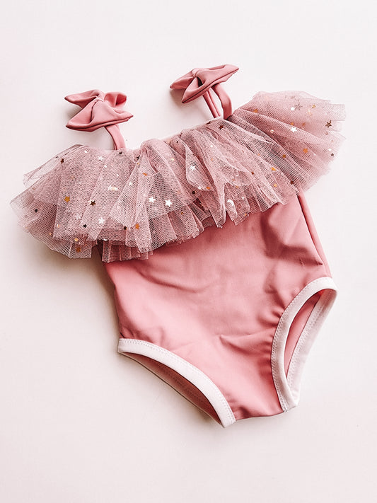 Dusty Pink Glam Ruffle  One-piece swimsuit