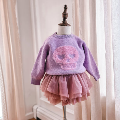 Purple & pink fuzzy skull sweater