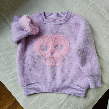 Purple & pink fuzzy skull sweater