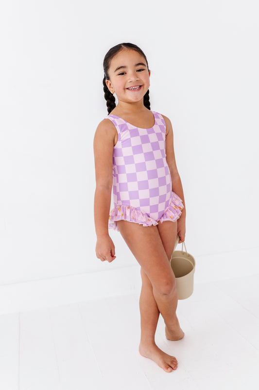 Purple checkered one piece swimsuit