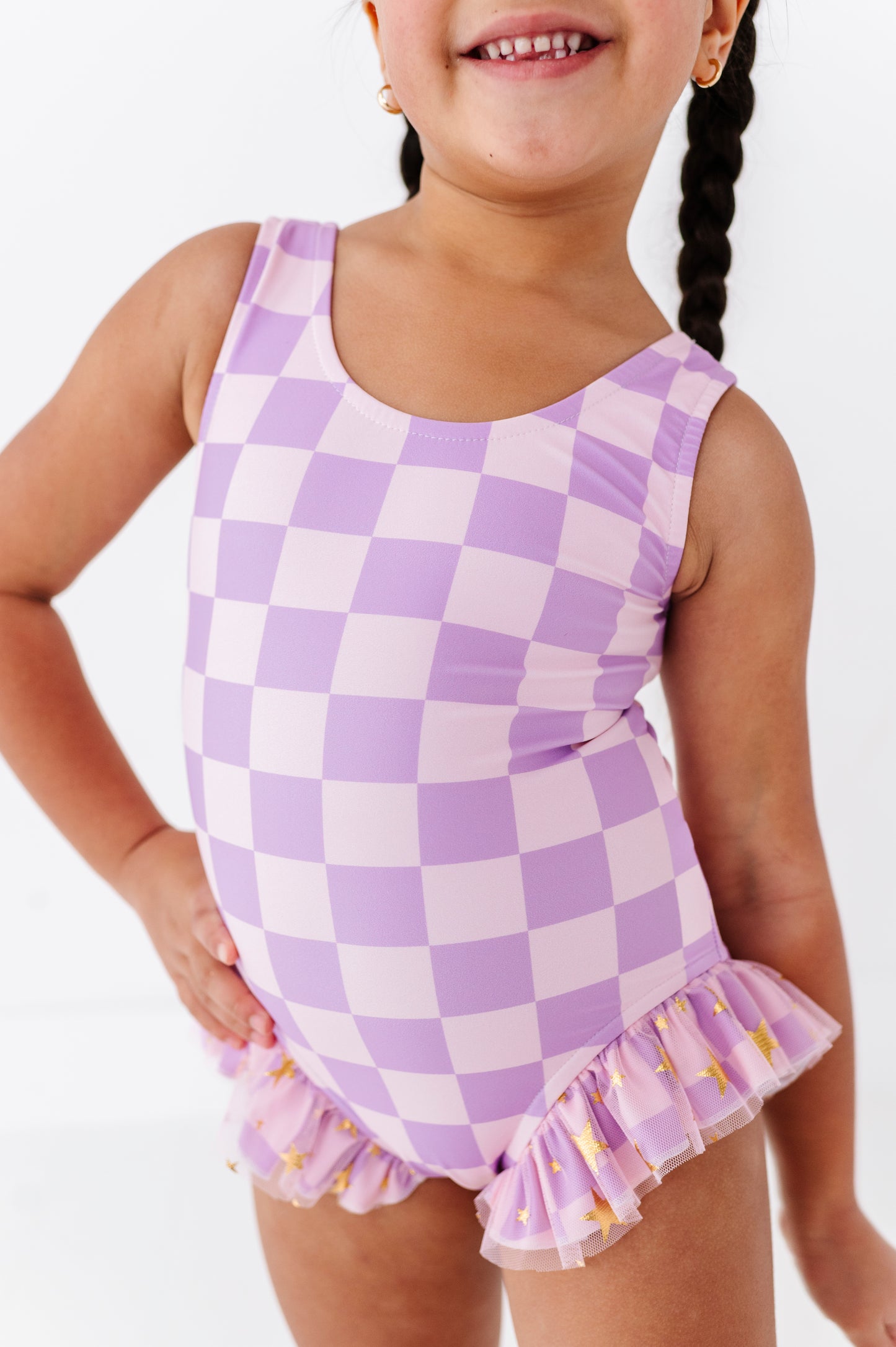 Purple checkered one piece swimsuit