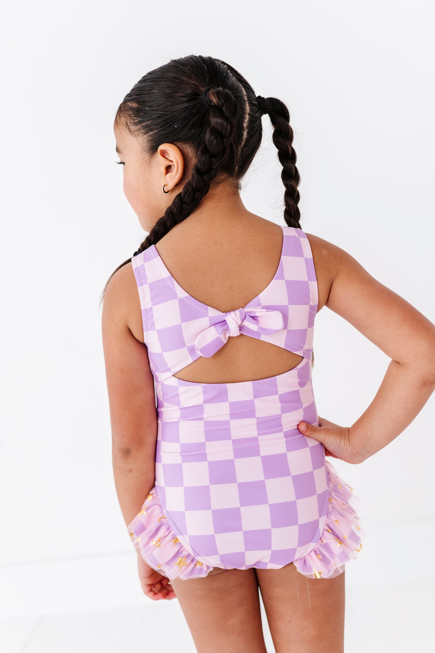 Purple checkered one piece swimsuit