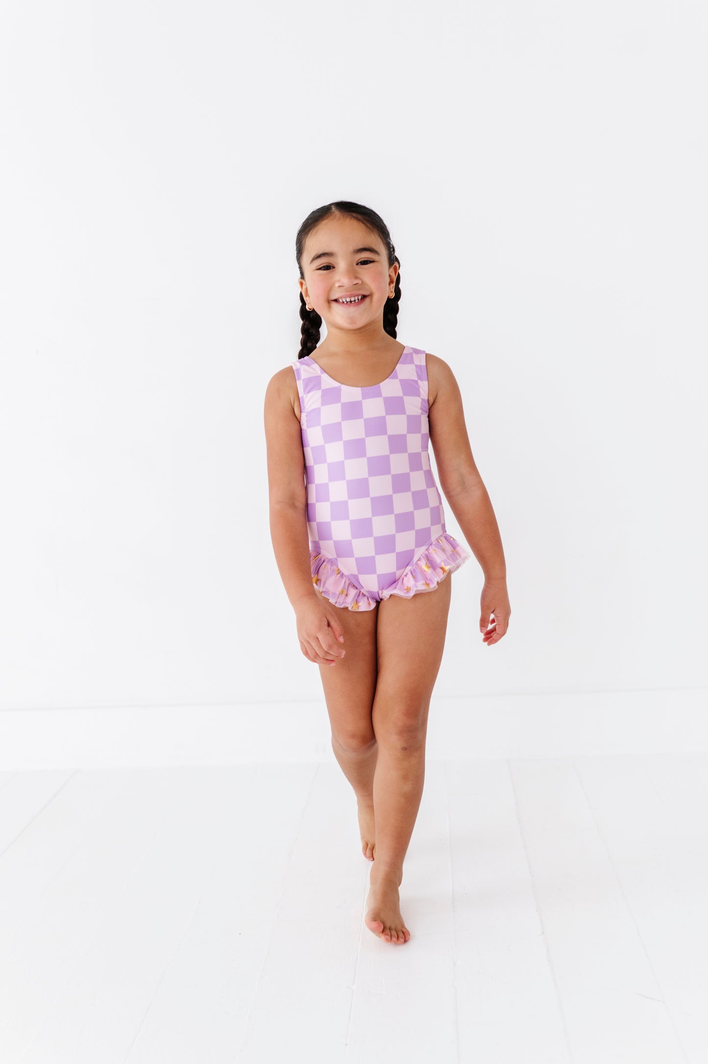 Purple checkered one piece swimsuit