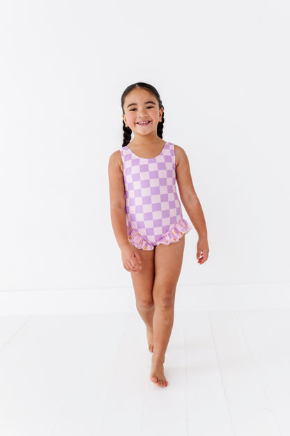 Purple checkered one piece swimsuit