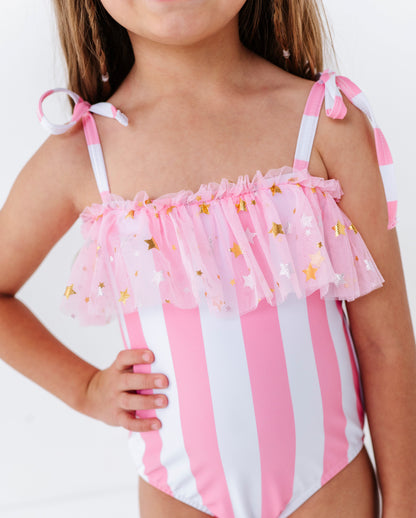 Pink & white stripe one piece swimsuit