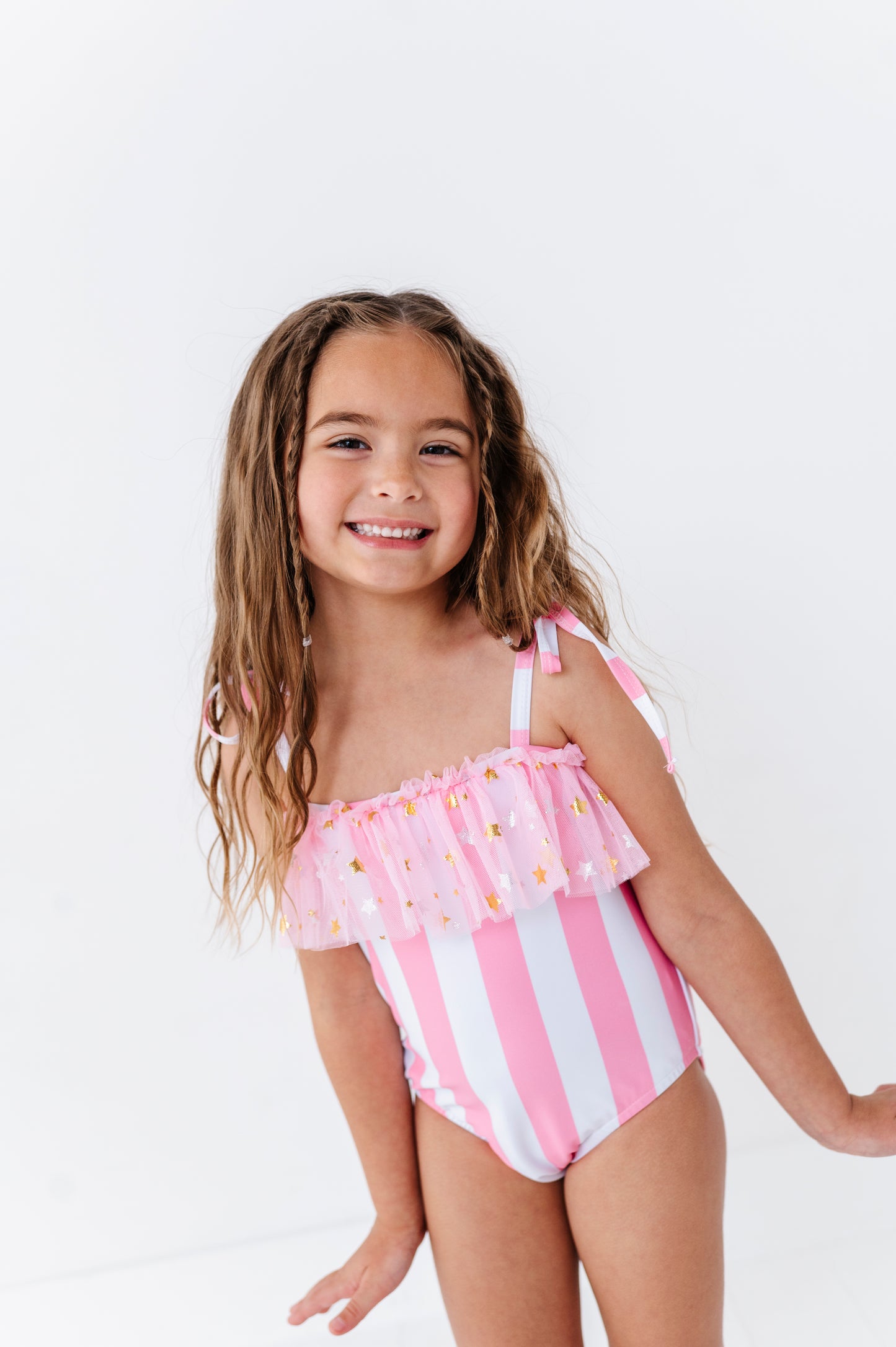 Pink & white stripe one piece swimsuit