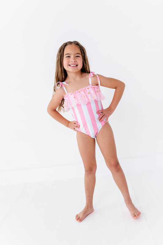 Pink & white stripe one piece swimsuit
