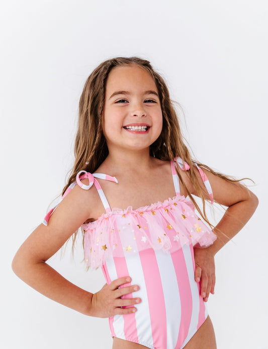 Pink & white stripe one piece swimsuit