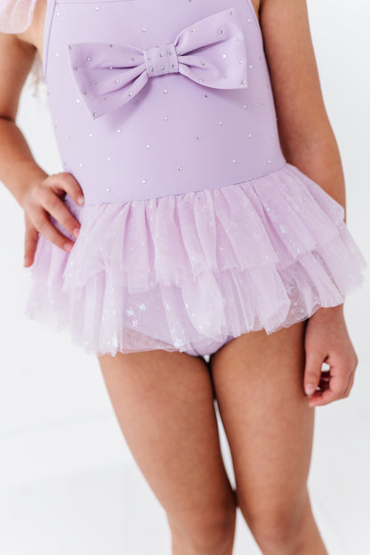 Purple bow one piece swimsuit