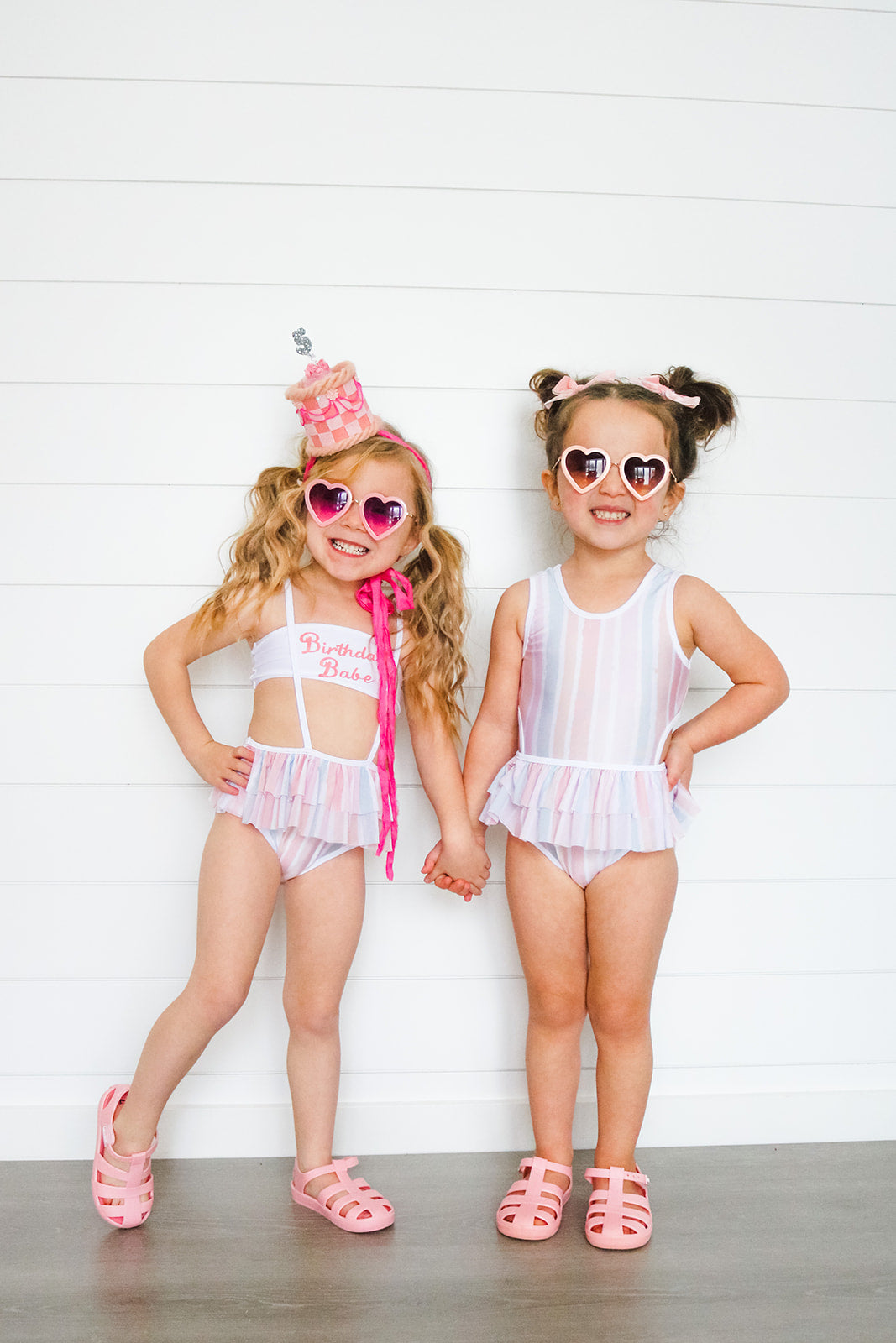 One piece pastel stripe swimsuit with removable skirt