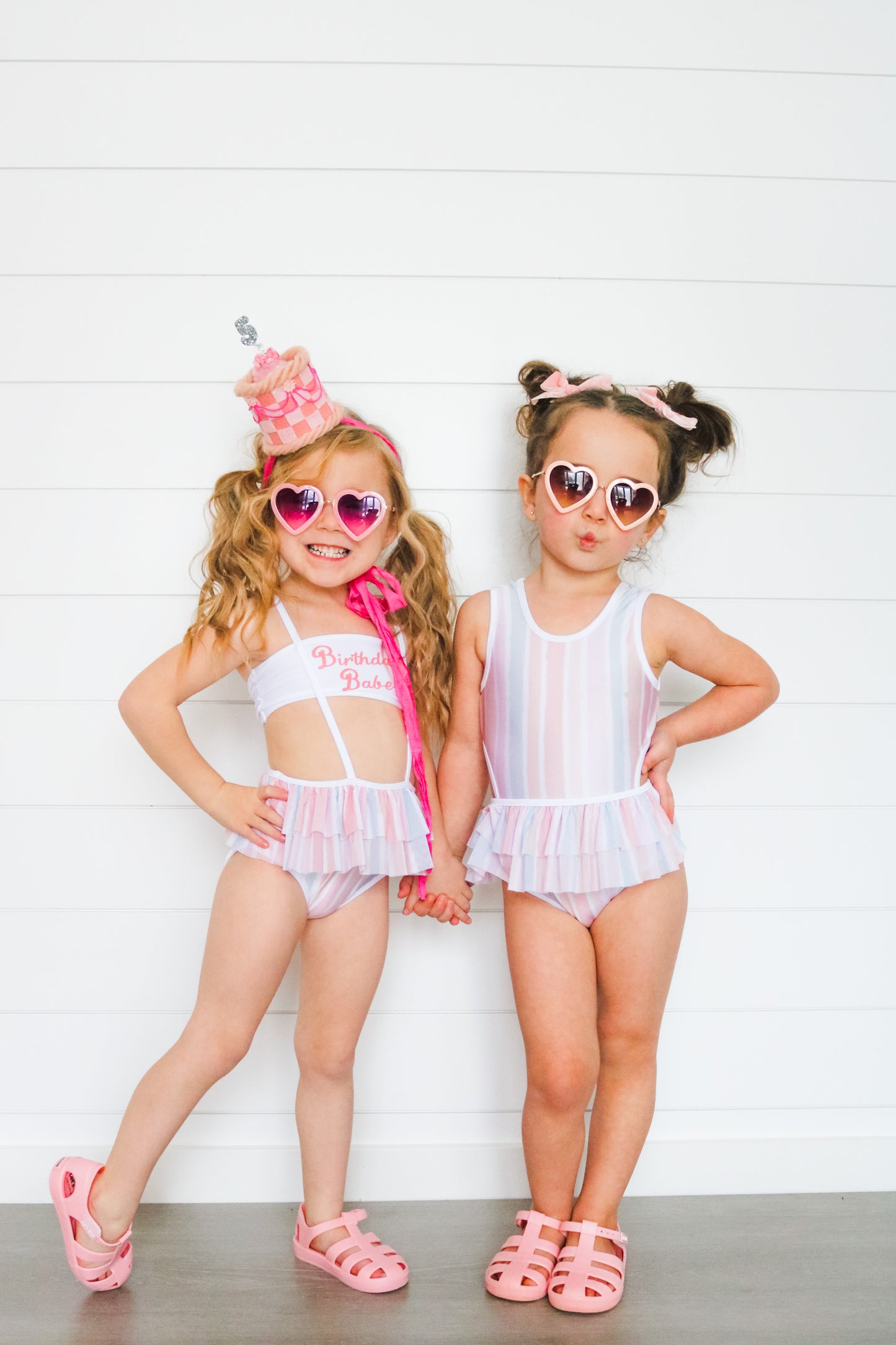 One piece pastel stripe swimsuit with removable skirt