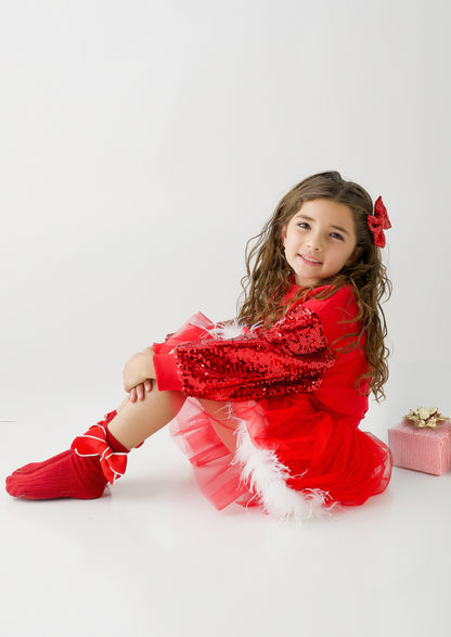 Red mesh skort with faux fur trim