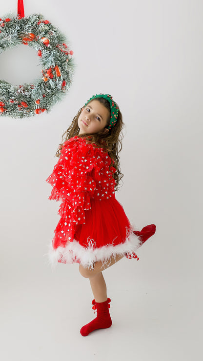 Red mesh skort with faux fur trim