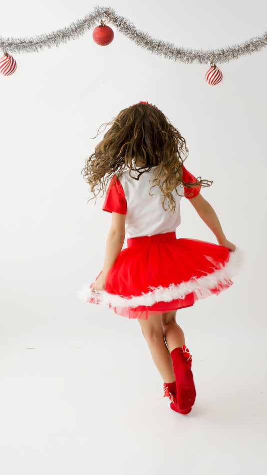 Red mesh skort with faux fur trim