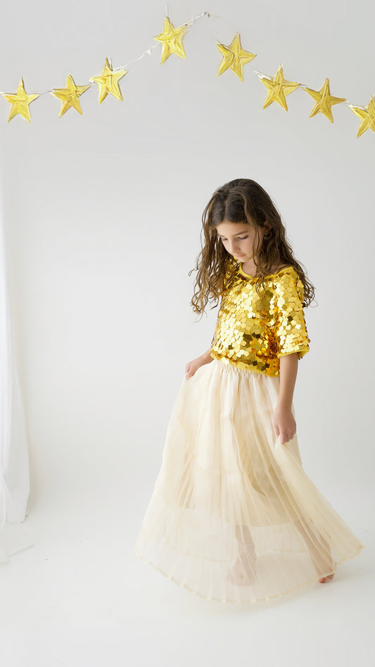 Gold pleated maxi skirt