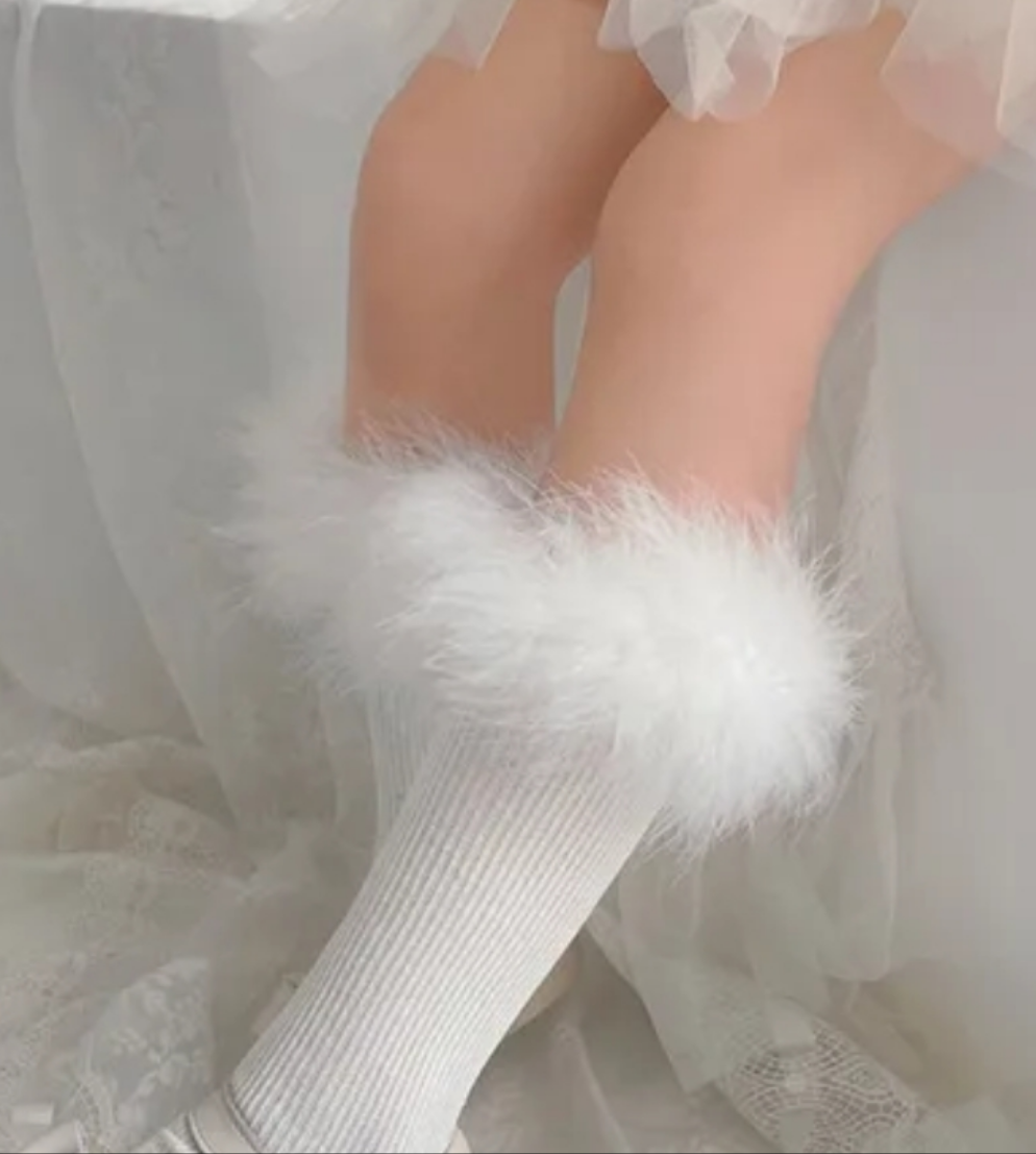 White faux fur socks