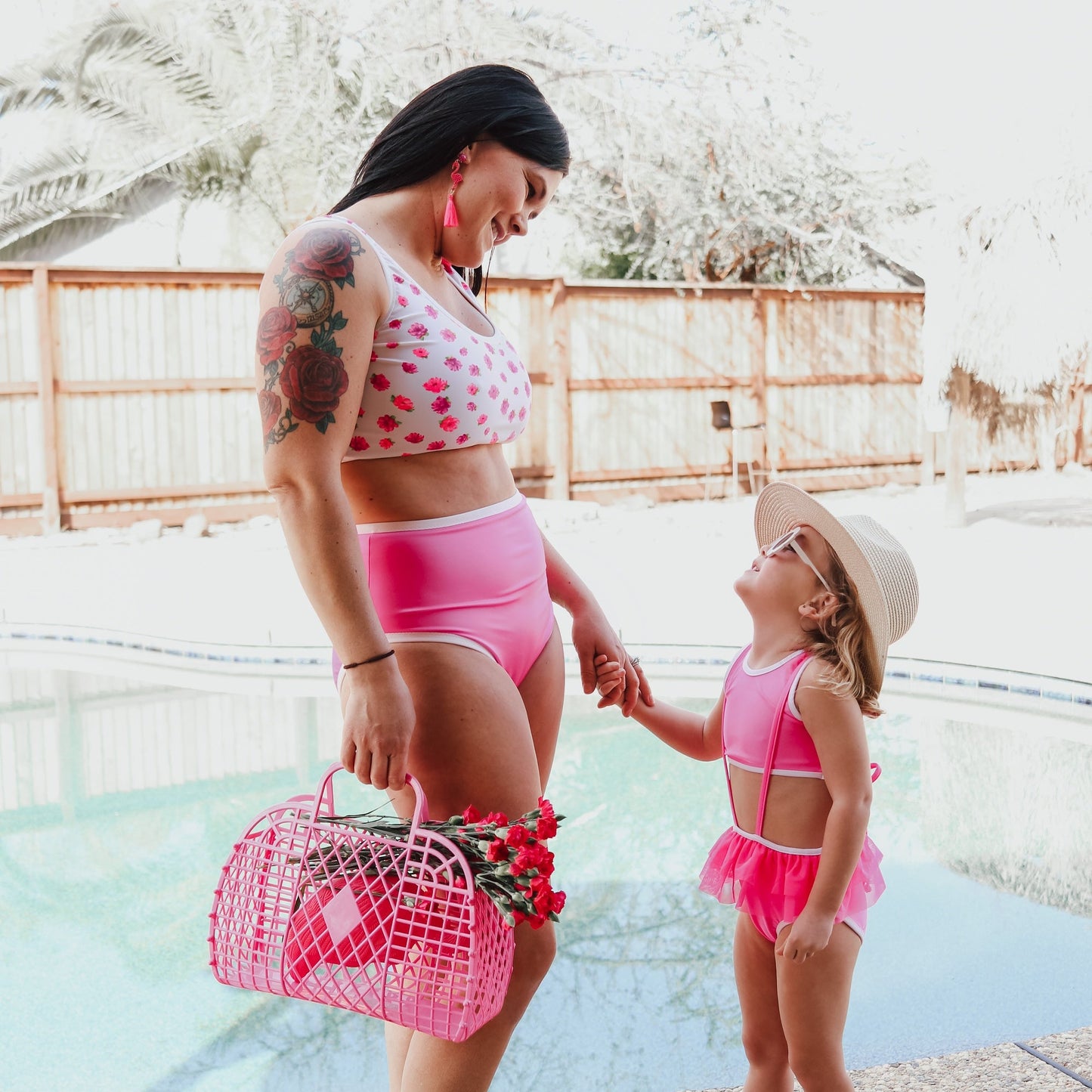 Neon pink suspender swim