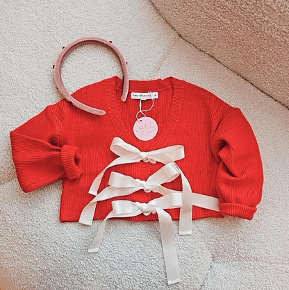 Red & white bow cardigan