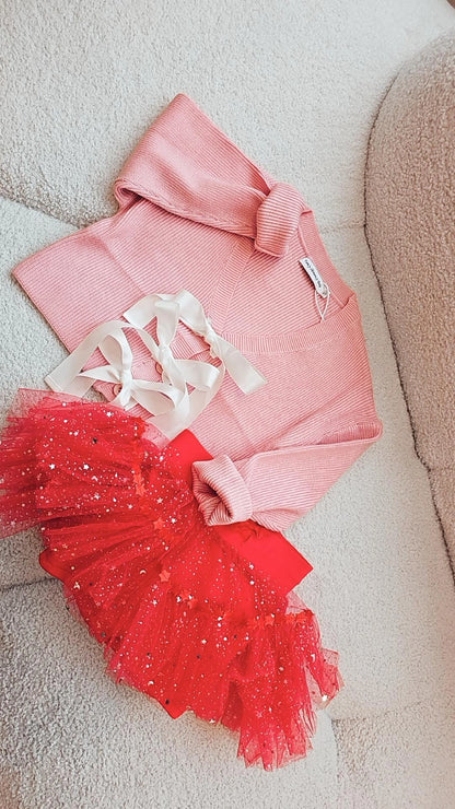 Pink & white bow cardigan