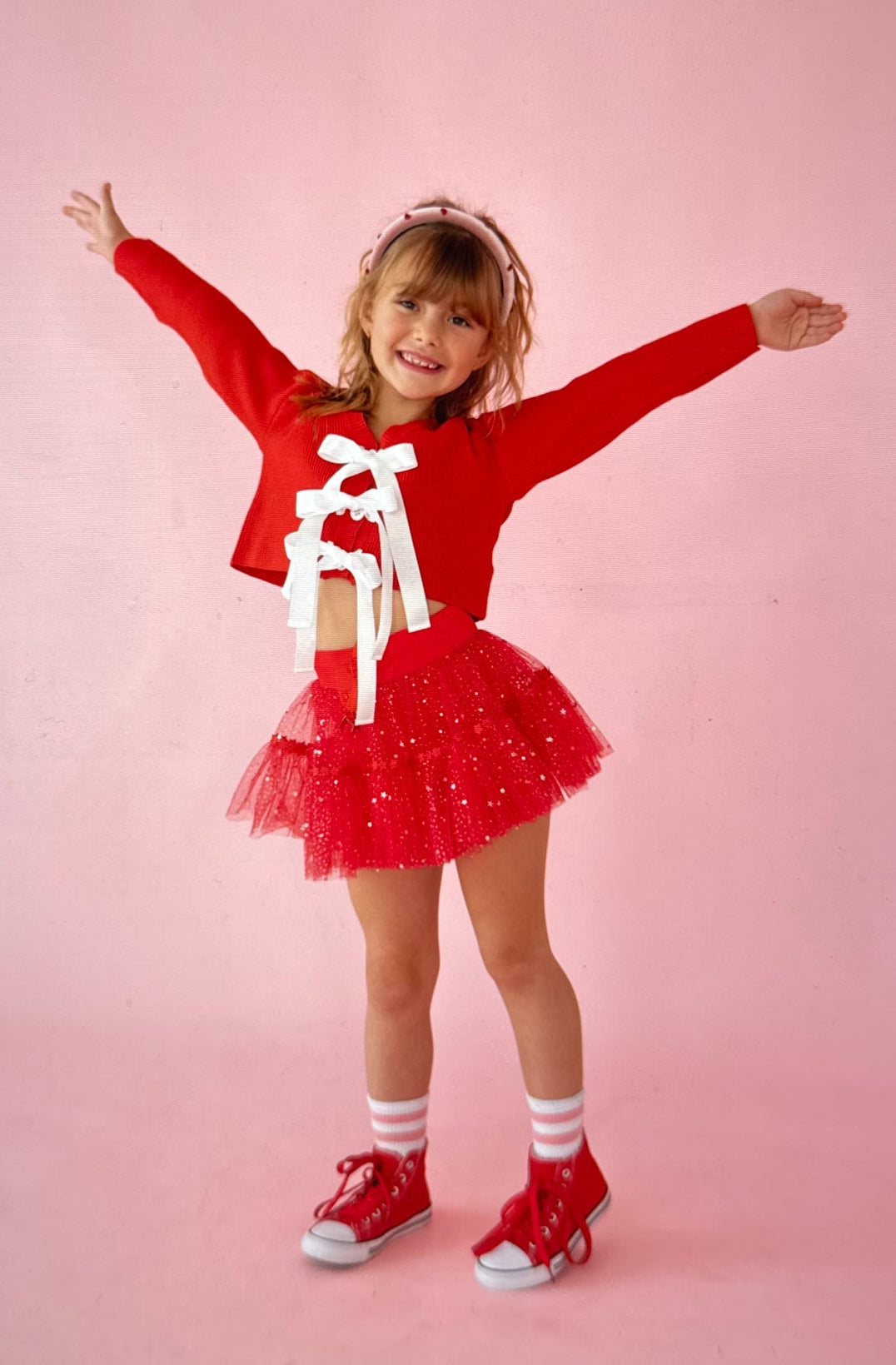 Red & white bow cardigan