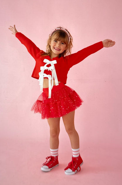 Red & white bow cardigan