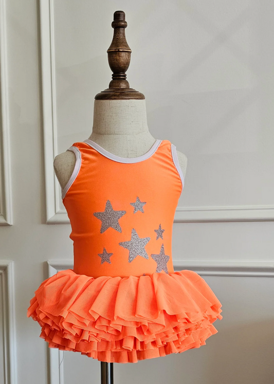 Neon Orange Stardust - Tutu Leotard/Swimsuit