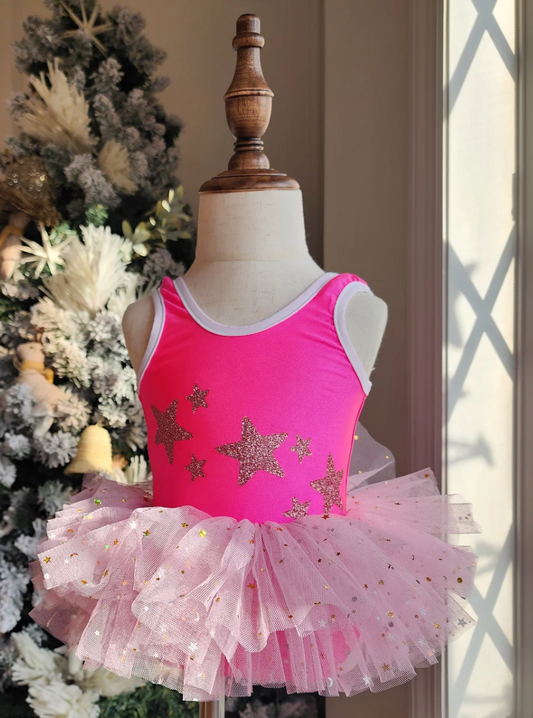 Neon Pink  Stardust - Tutu Leotard/Swimsuit