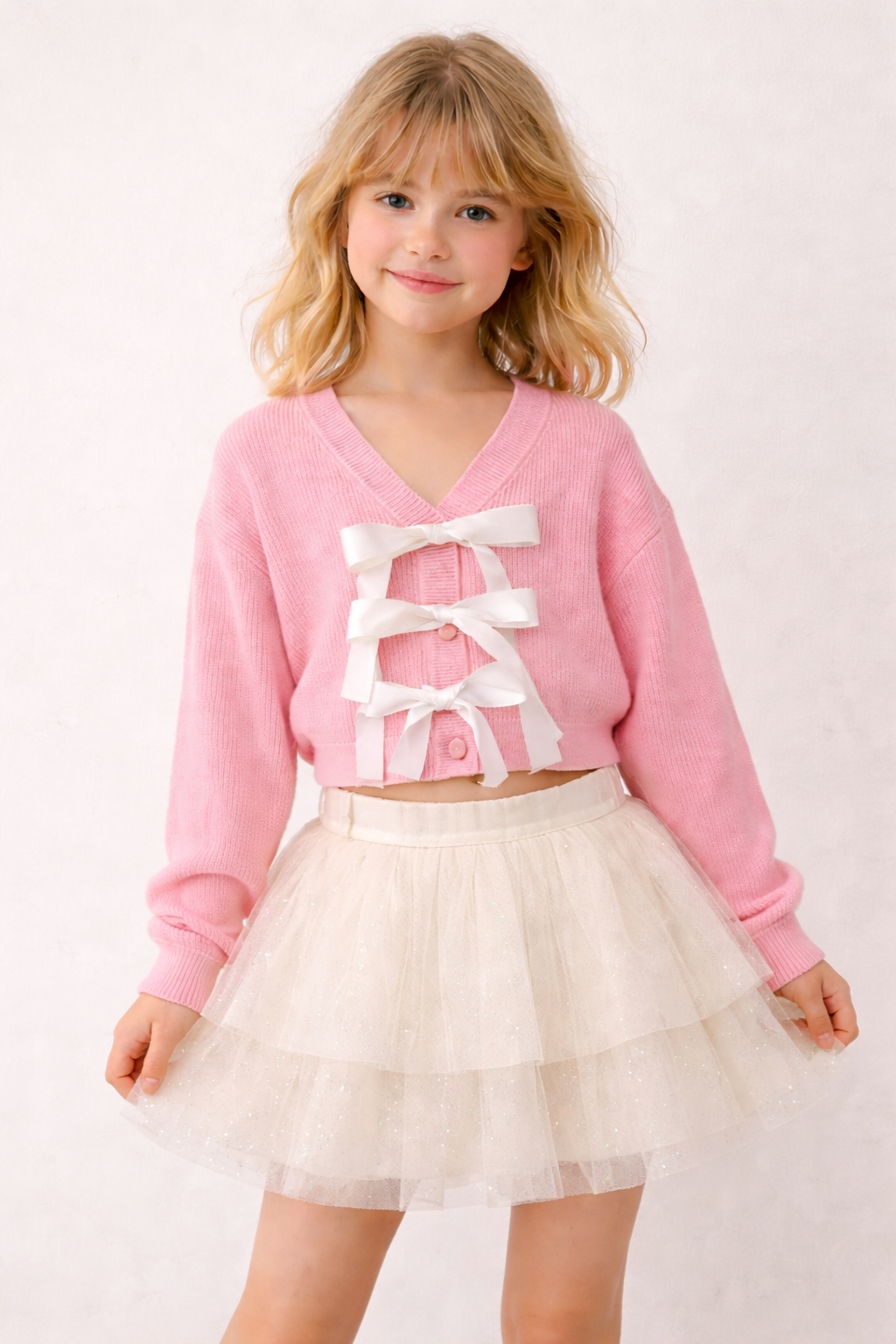 Pink & white bow cardigan