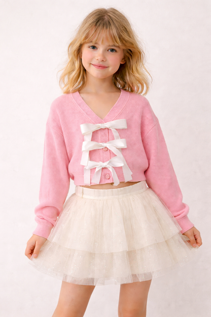 Pink & white bow cardigan